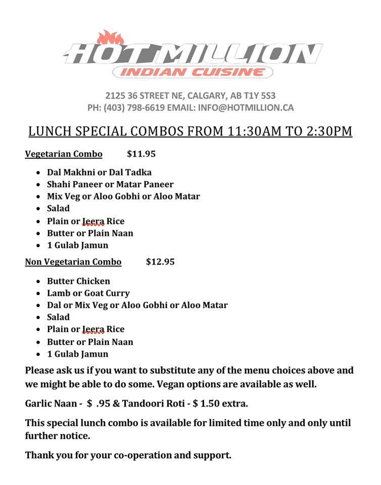 Hot Million Indian Cuisine 2125 36 St NE, Calgary