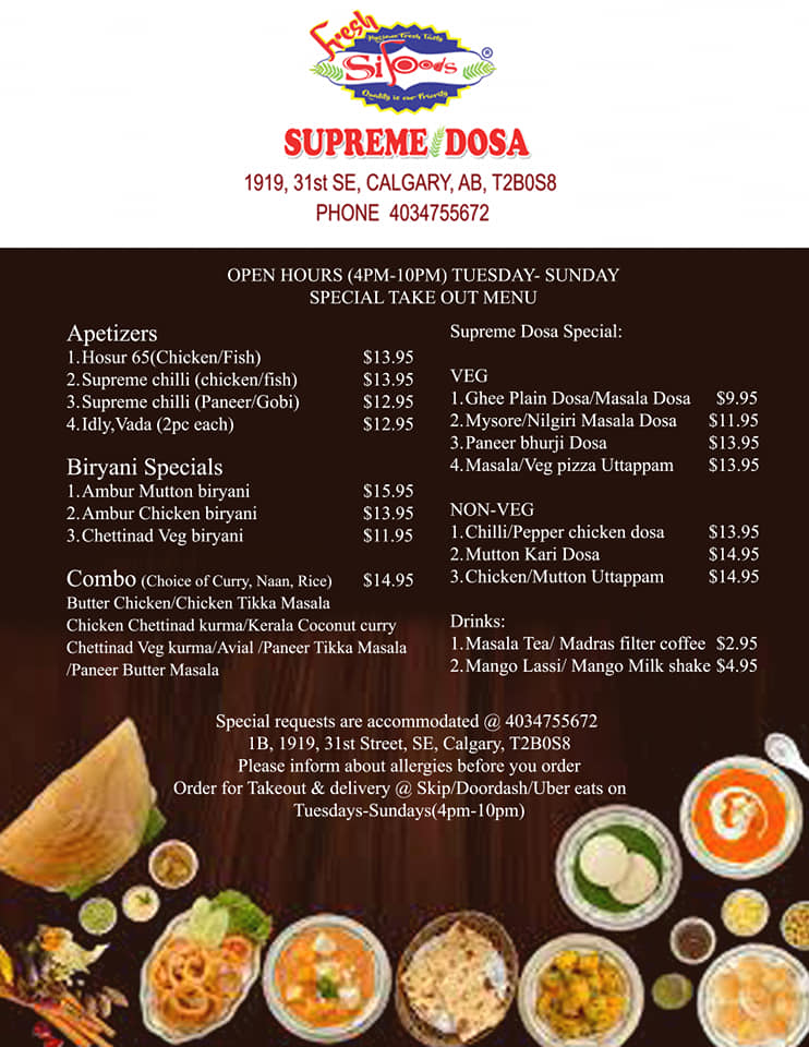 SI Foods(SUPREME DOSA)-Best Indian Restaurant,Dosa Place,South Indian & Sri Lankan food in Calgary 1919 31 St SE #1B, Calgary