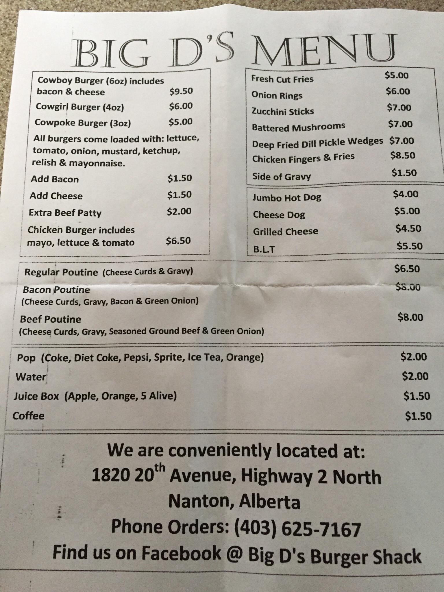 Big D's Burger Shack Menu