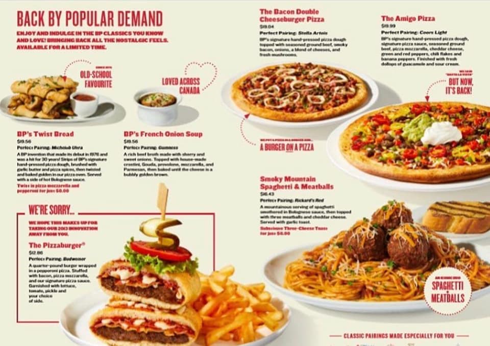 Boston Pizza Menu