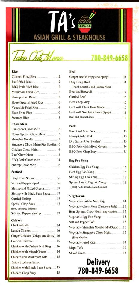 TA's Asian Grill & Steakhouse Menu