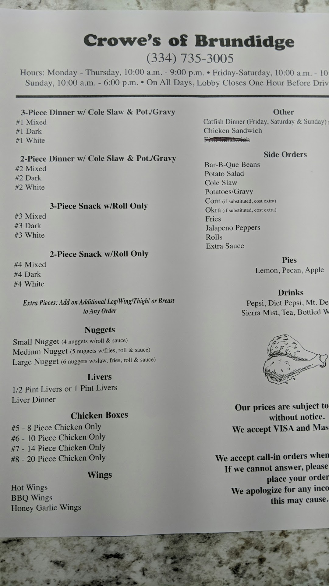 Crowe's Chicken Menu