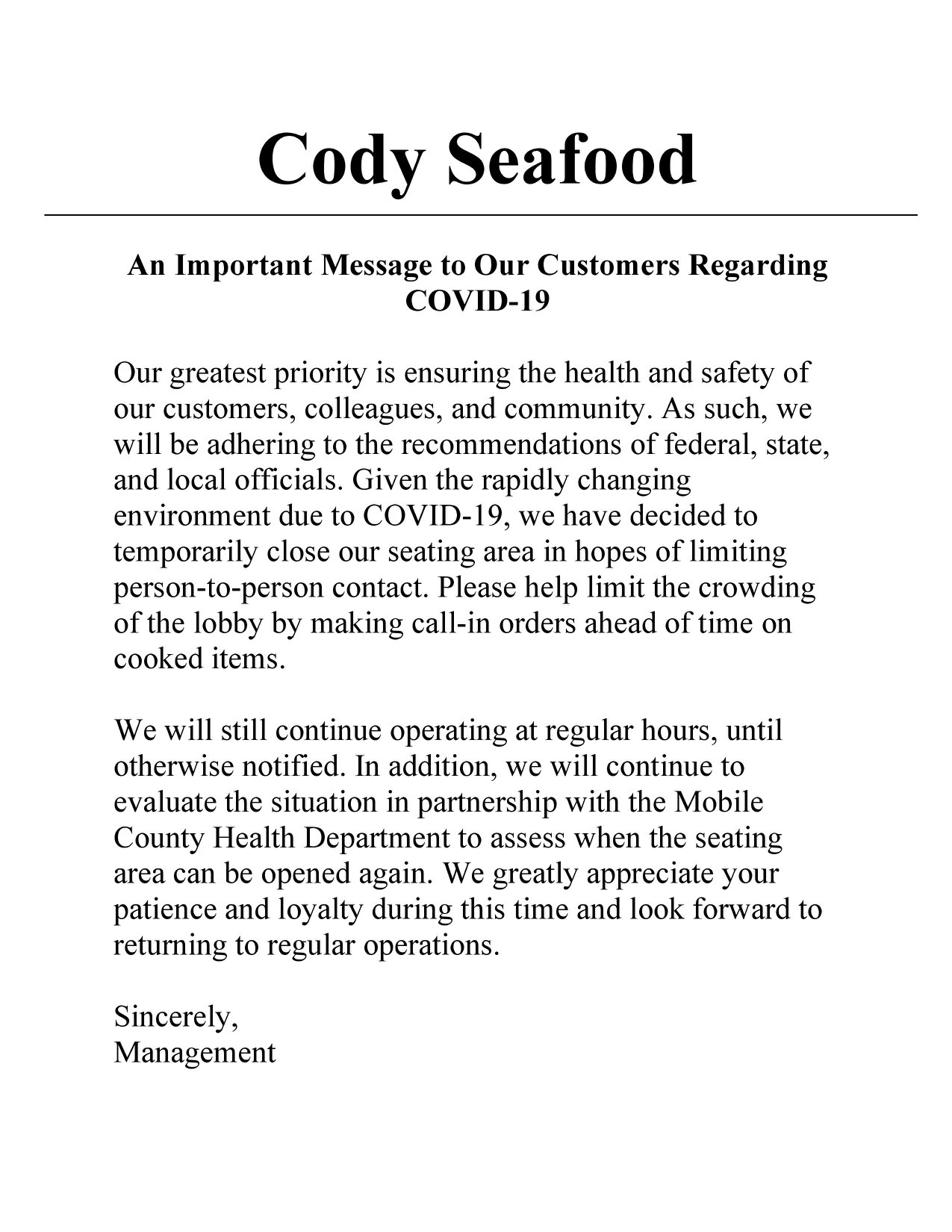 Cody Seafood 65 Cody Rd N, Mobile