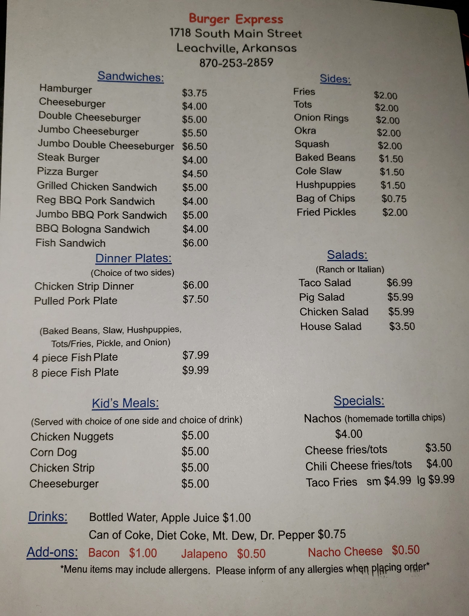 Burger Express Menu