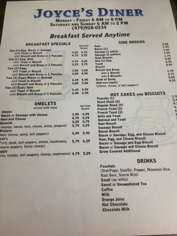Joyces Diner Menu