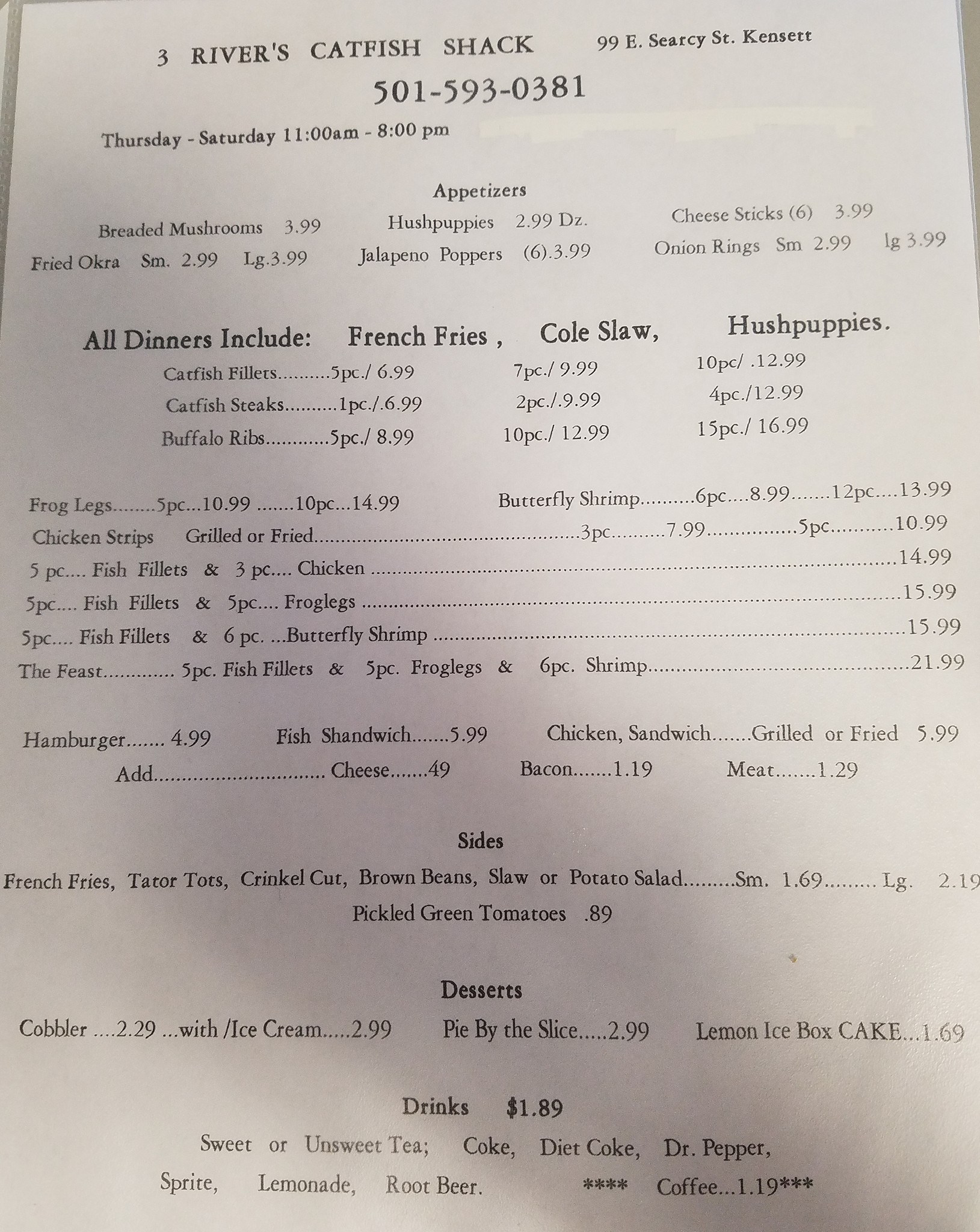 3 Rivers Catfish Shack & Cafe Menu
