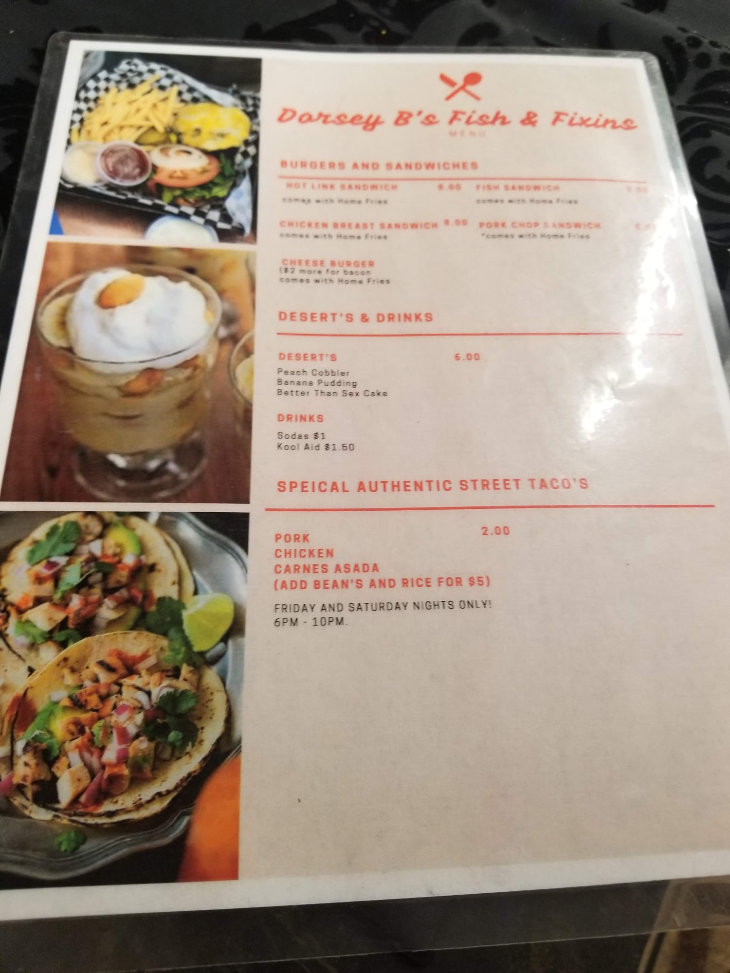 Dorsey B's Fish and Fixins Menu