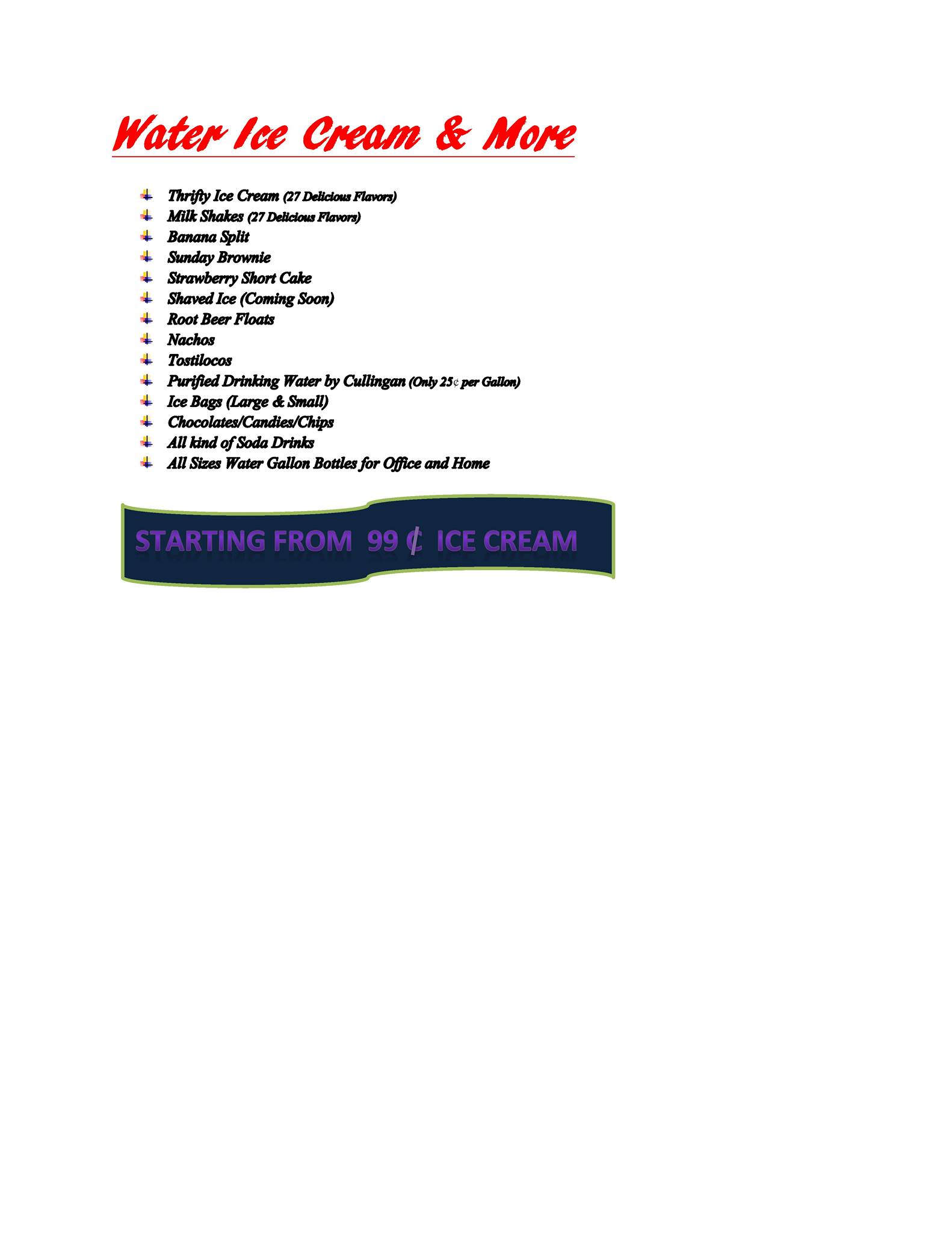 Water Ice Cream & More Menu