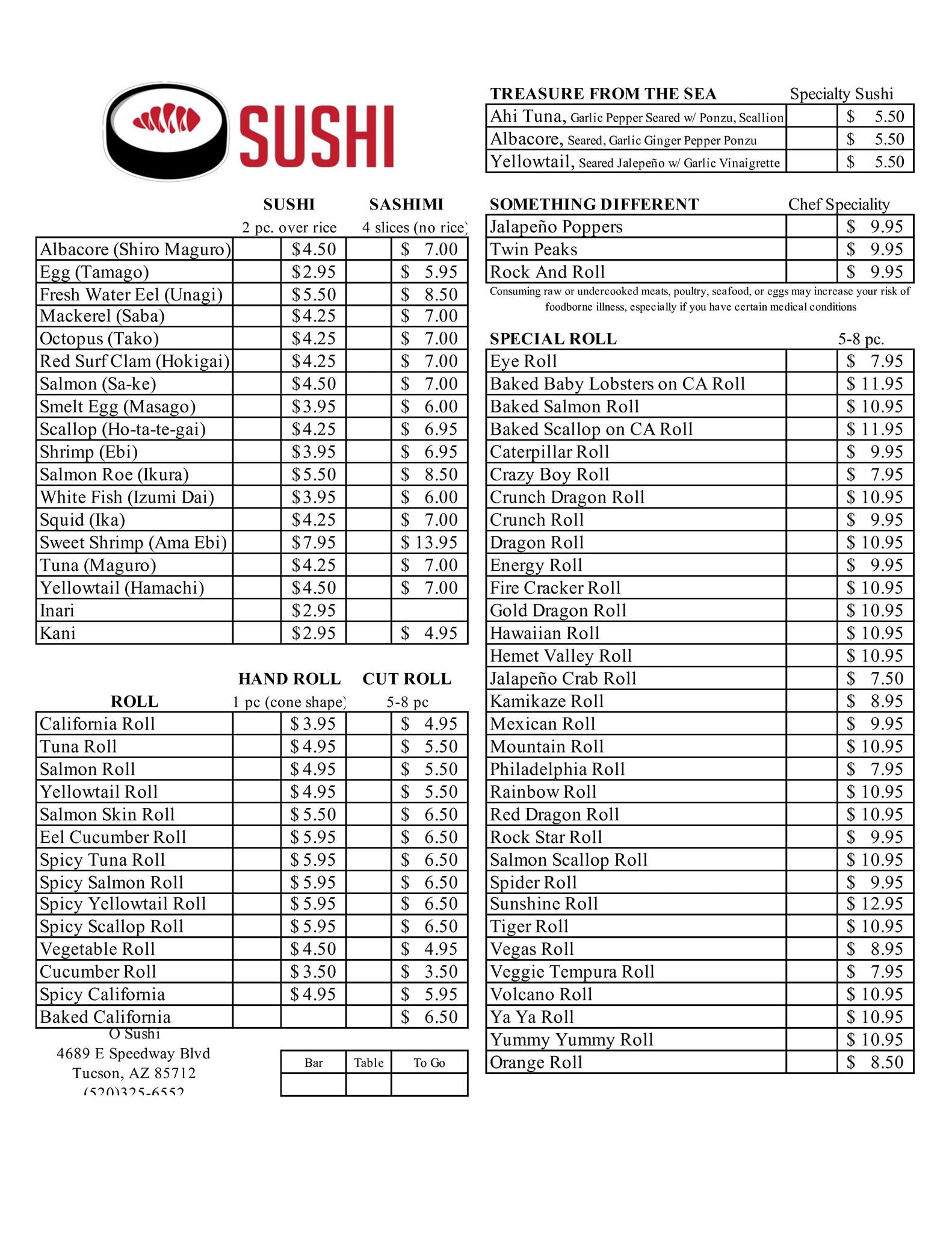 O Sushi Restaurant 4689 E Speedway Blvd #4633, Tucson