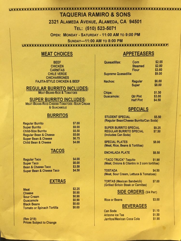 Taqueria Ramiro & Sons 2321 Alameda Ave, Alameda