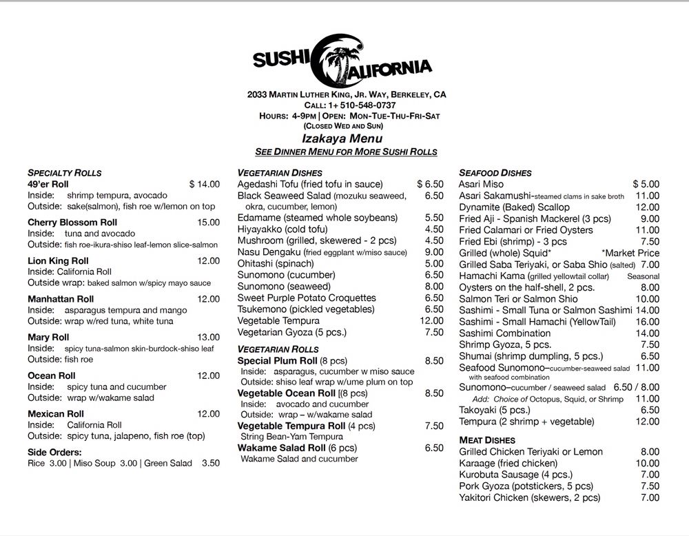 Sushi California 2033 Martin Luther King Jr Way, Berkeley