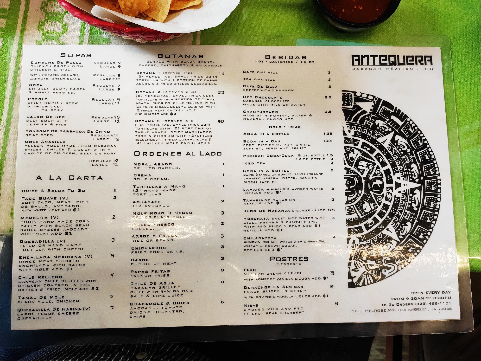 Antequera De Oaxaca Menu