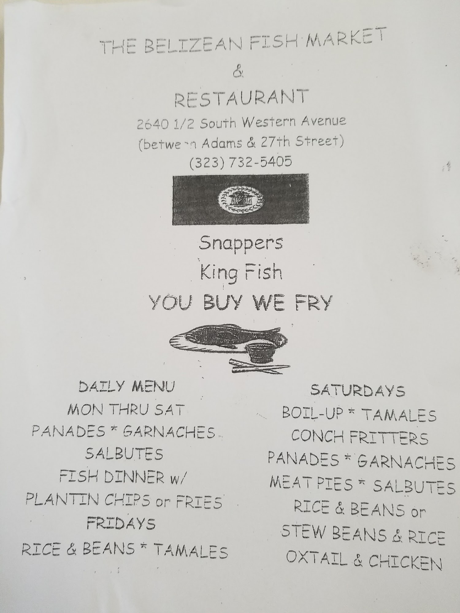 Belizean Fish Market Menu