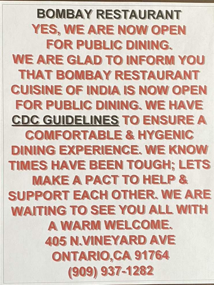 Bombay Restaurant Cuisine of India 405 North Vineyard Avenue Suite: A, Ontario