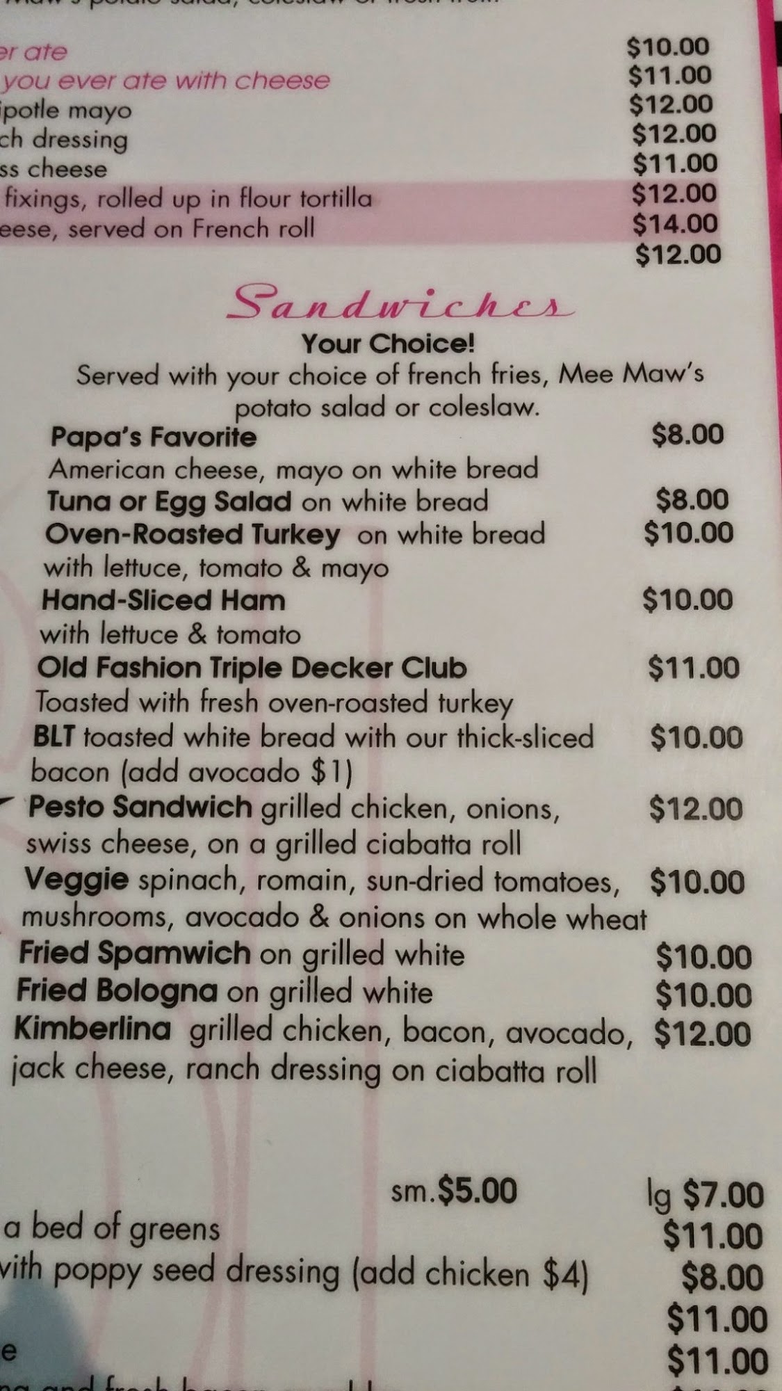 Pinky's Pizza Parlor Menu