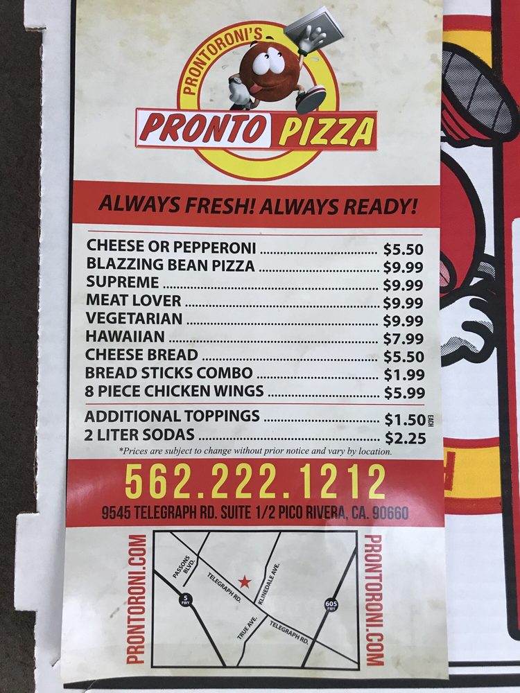 Pronto Pizza Menu