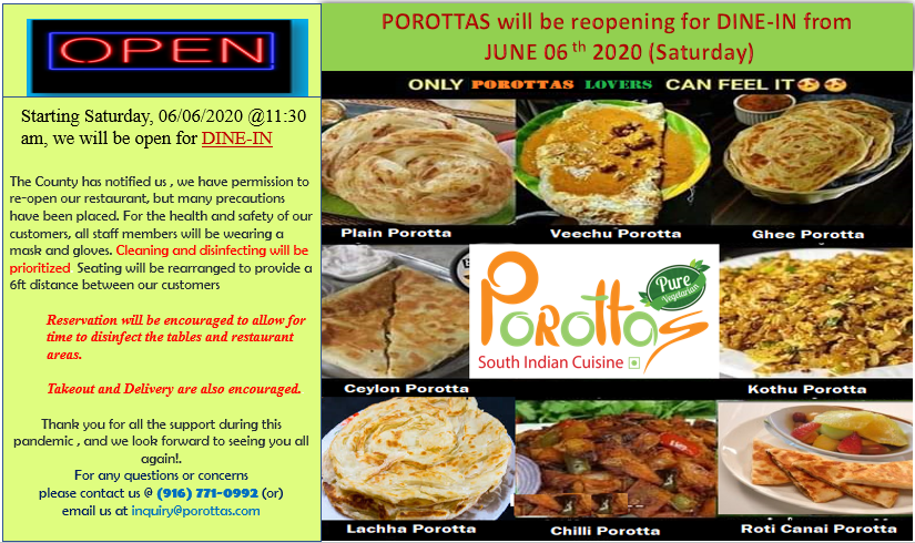 Porottas South Indian Cuisine 1245 Pleasant Grove Blvd #120, Roseville