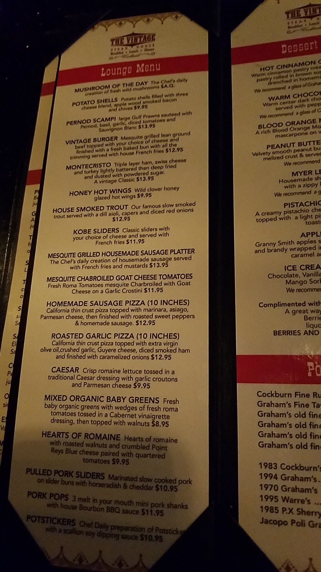 The Vintage Steakhouse Menu