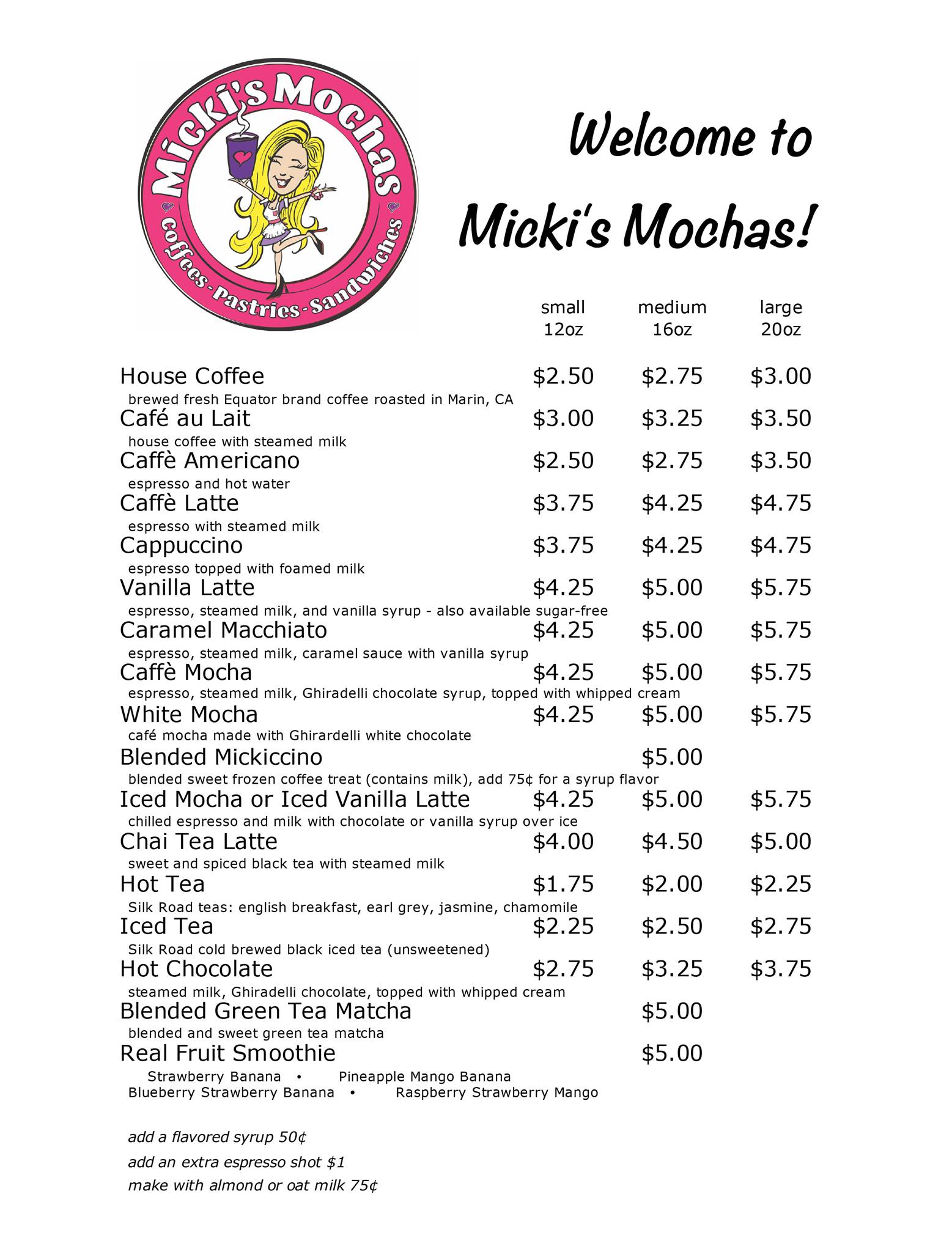 Micki's Mochas Menu