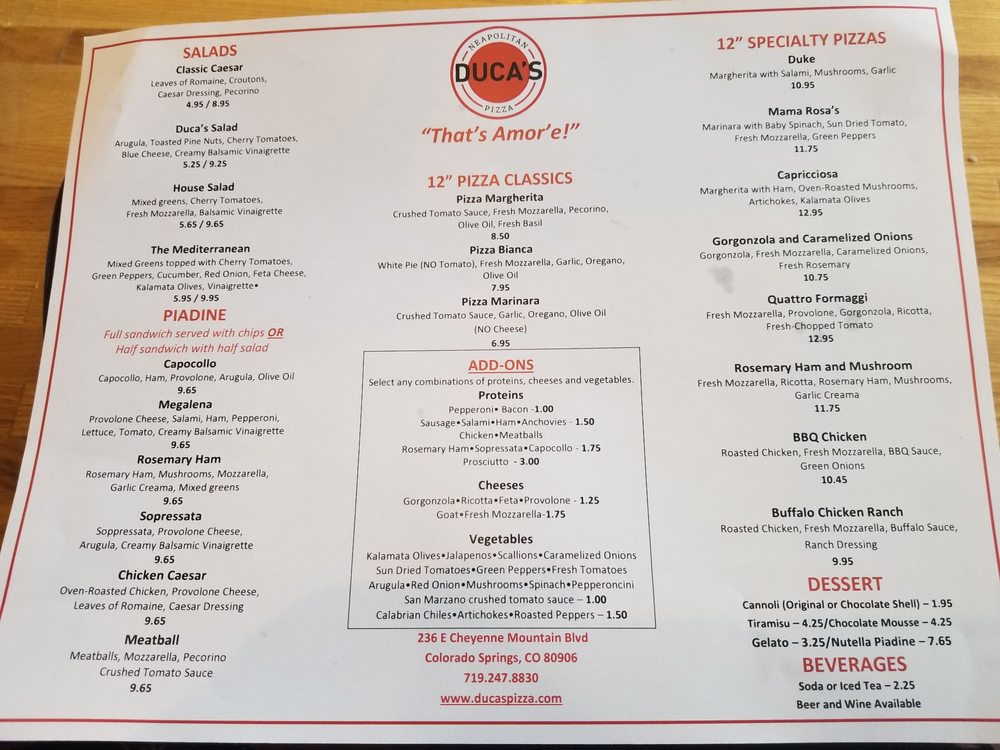 Duca's Neapolitan Pizza 236 E Cheyenne Mountain Blvd, Colorado Springs