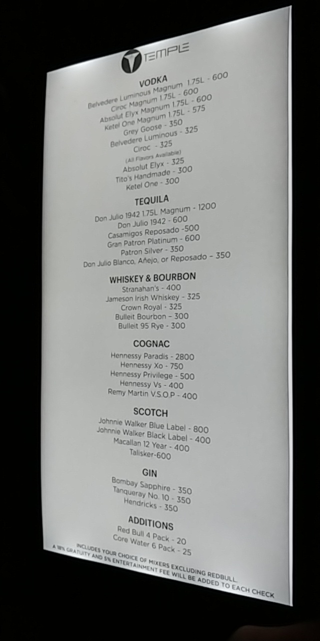 Temple Nightclub Denver Menu