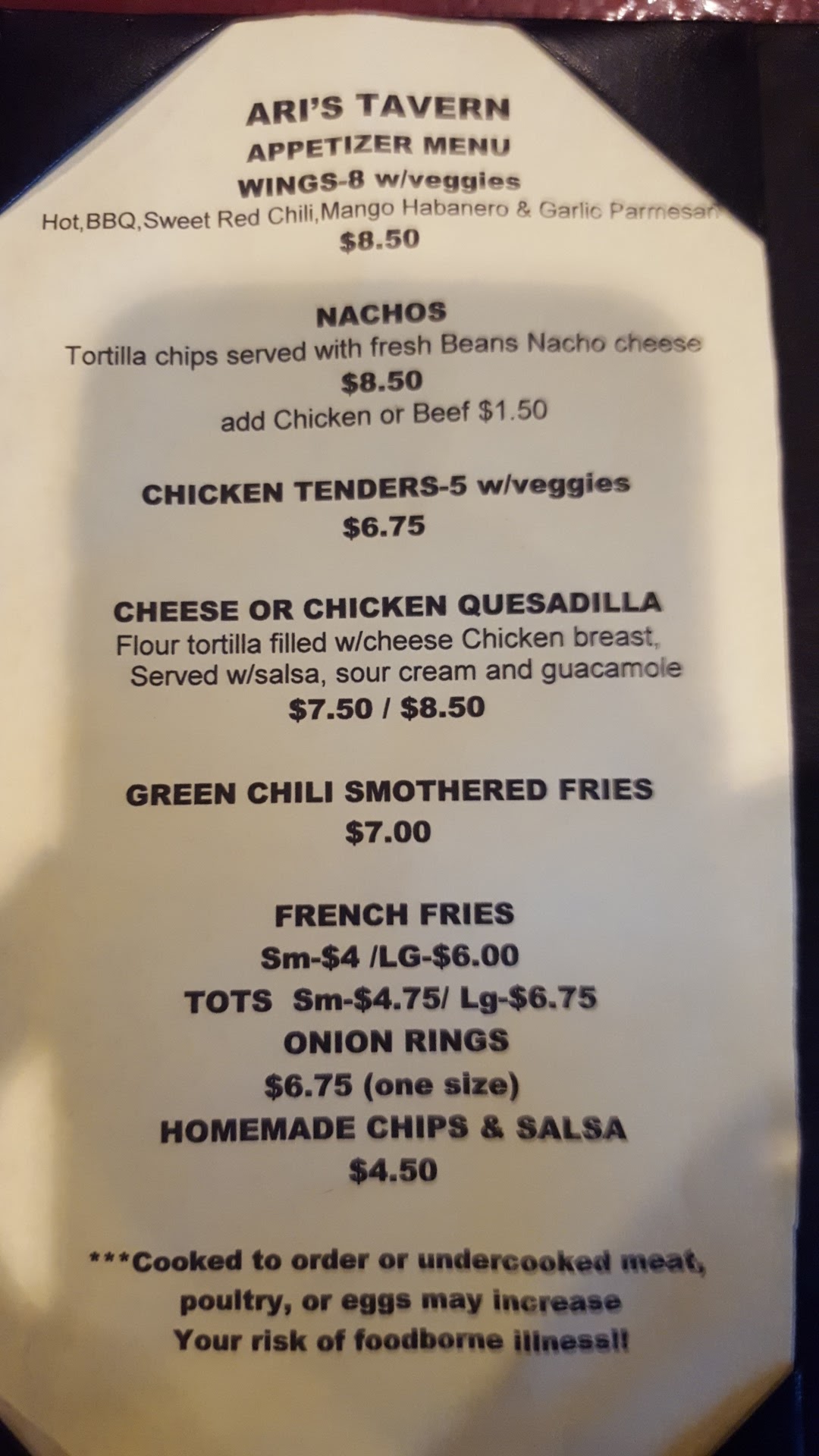 Ari's Tavern Menu