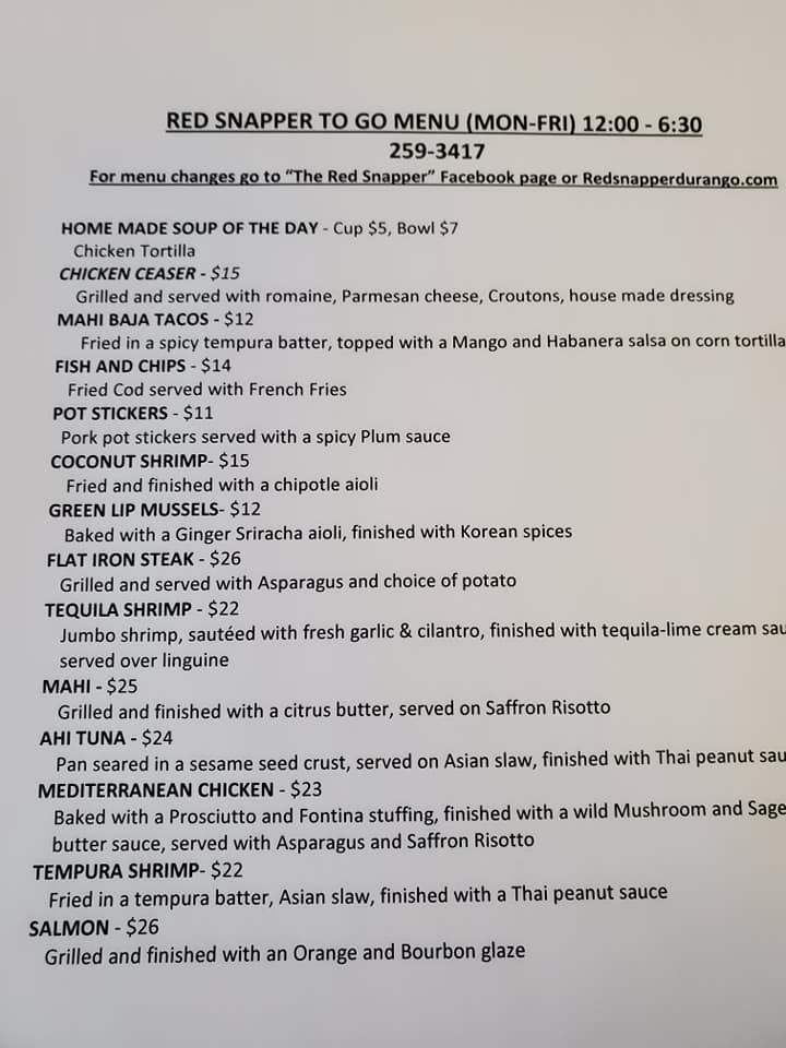 The Red Snapper Menu