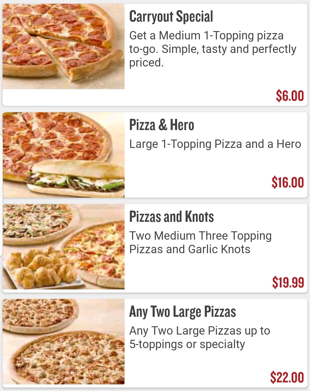 Papa Johns Pizza Menu