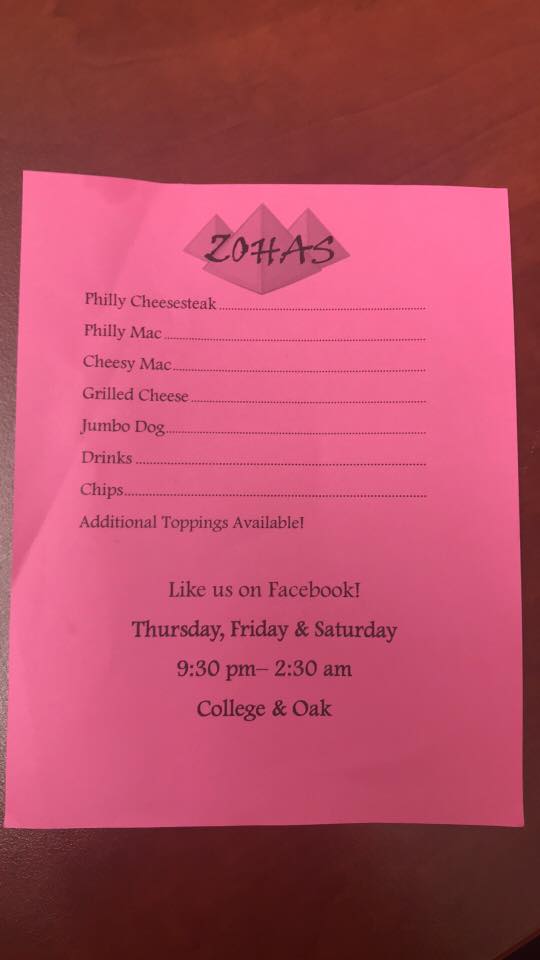 Zohas Food Cart Menu