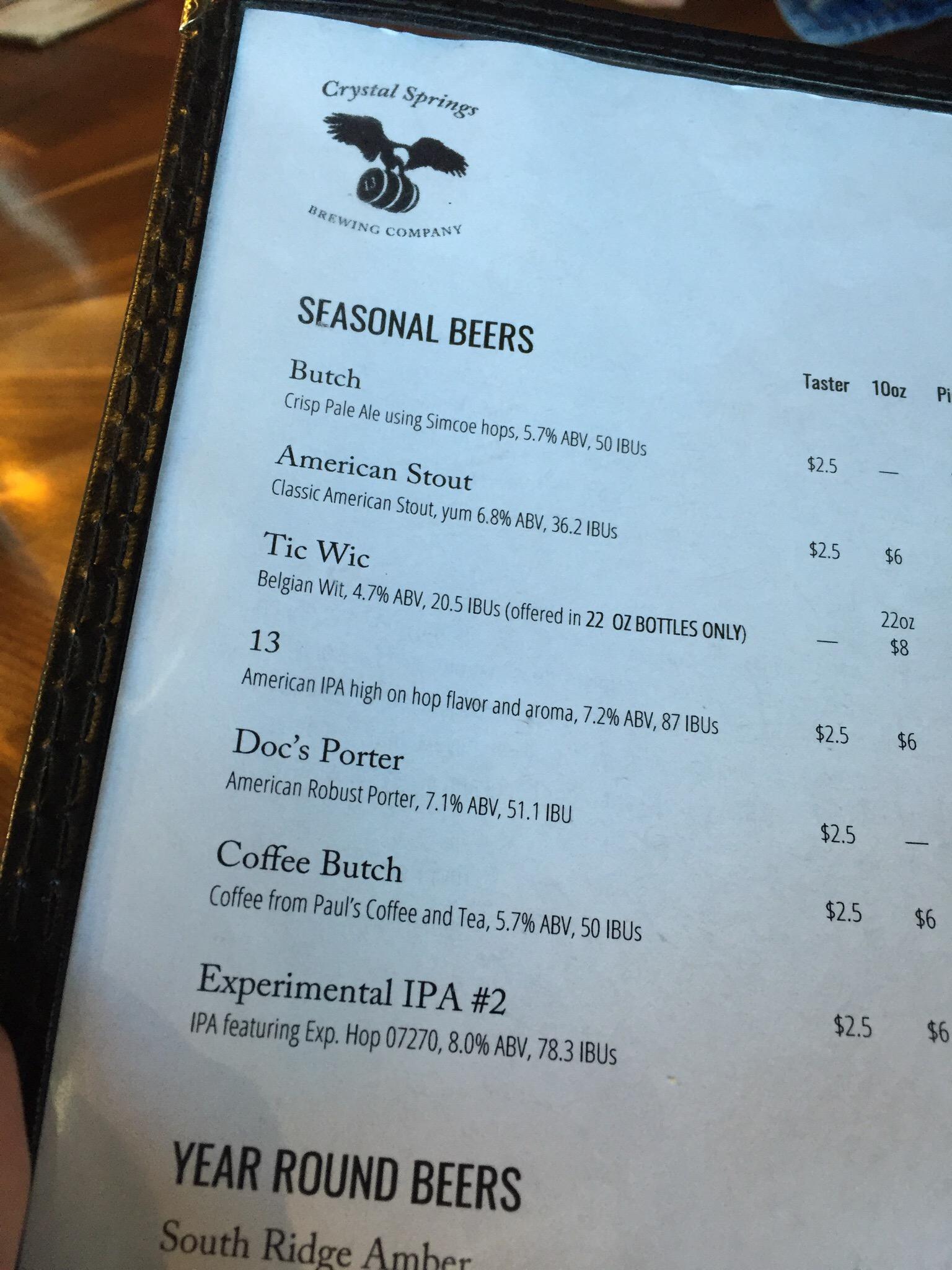 Crystal Springs Brewing Co. - The Brewers' Lounge at the Production Facility Menu