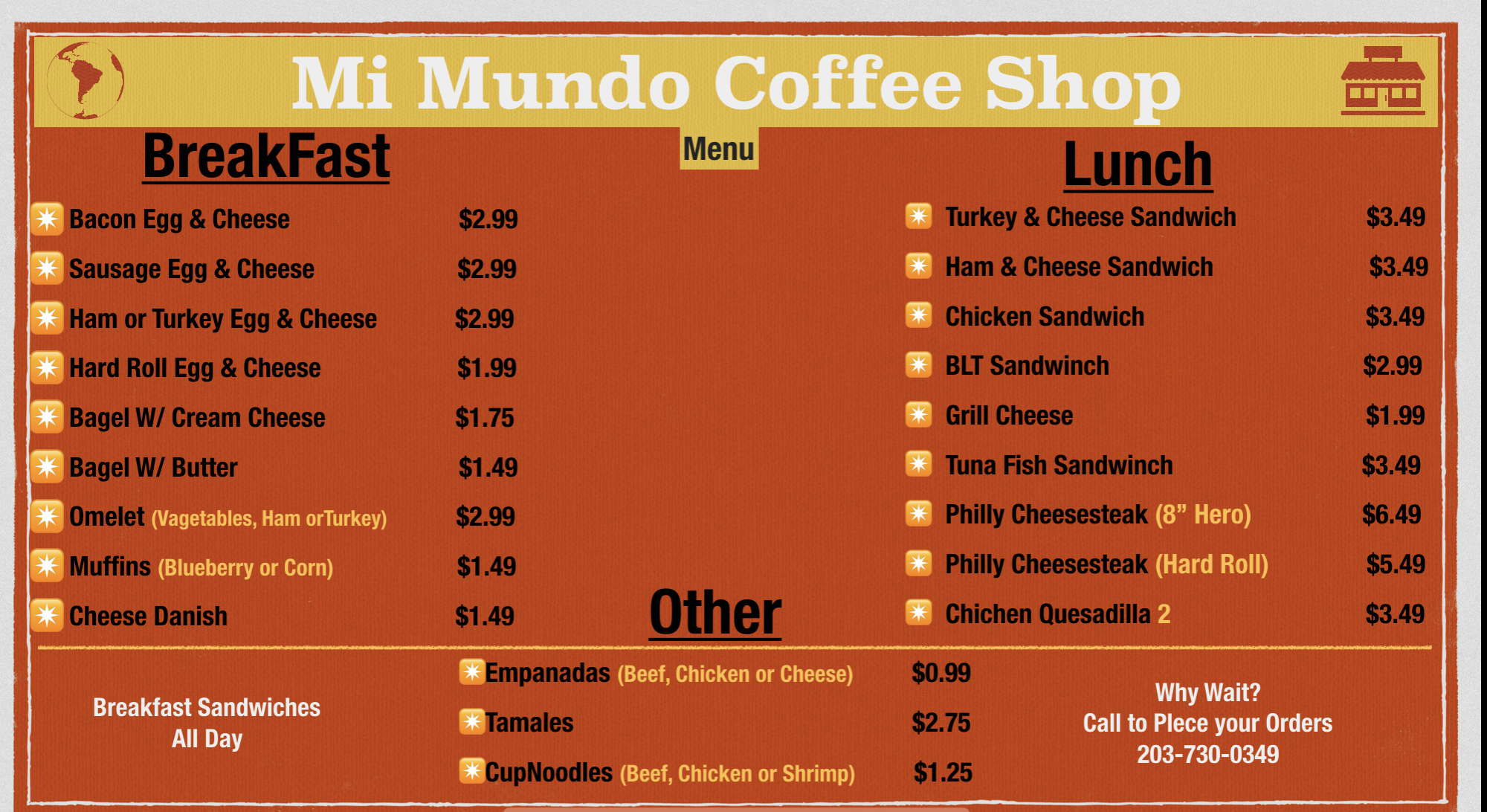 Mi Mundo Coffee Shop Menu