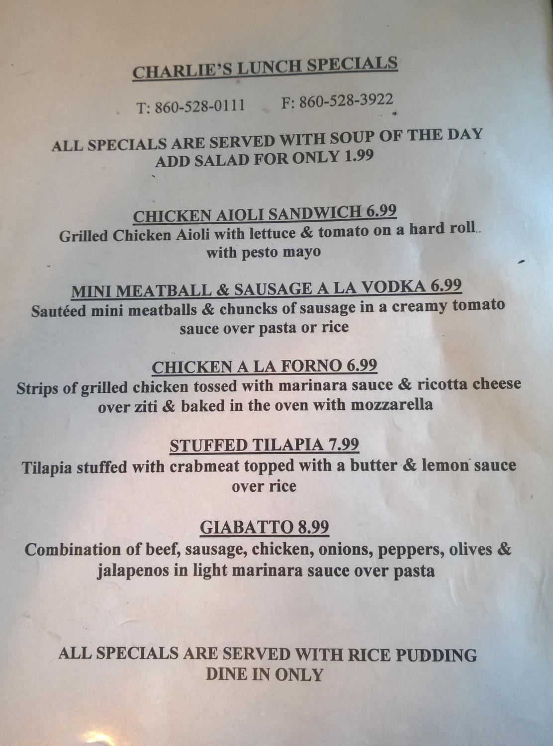 Charlie's Pizza Menu