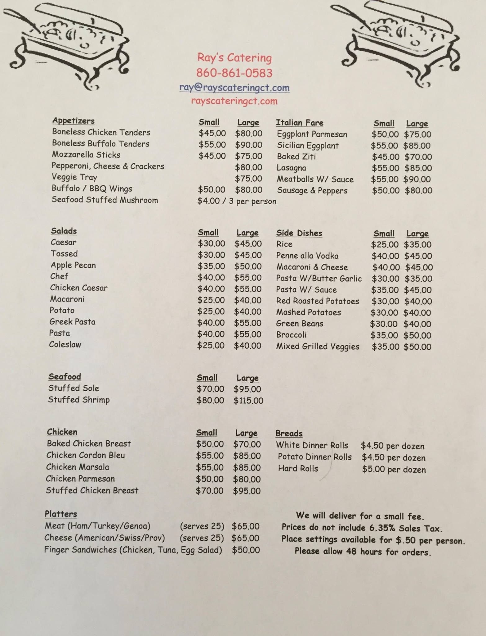 Ray's Catering Menu