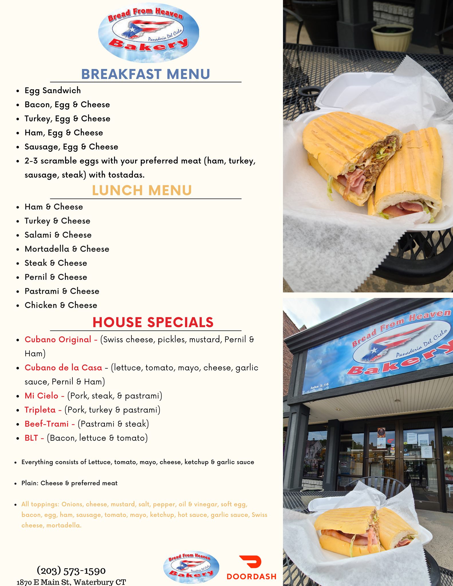 Bakery Bread from Heaven Menu