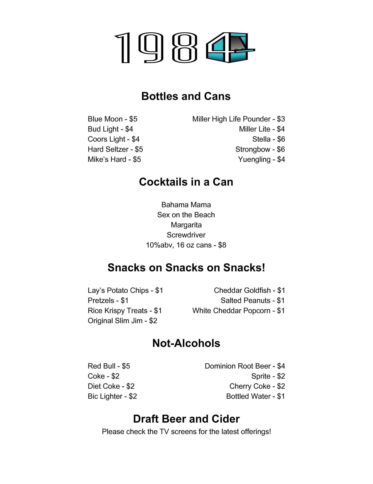 1984 Arcade Bar Menu