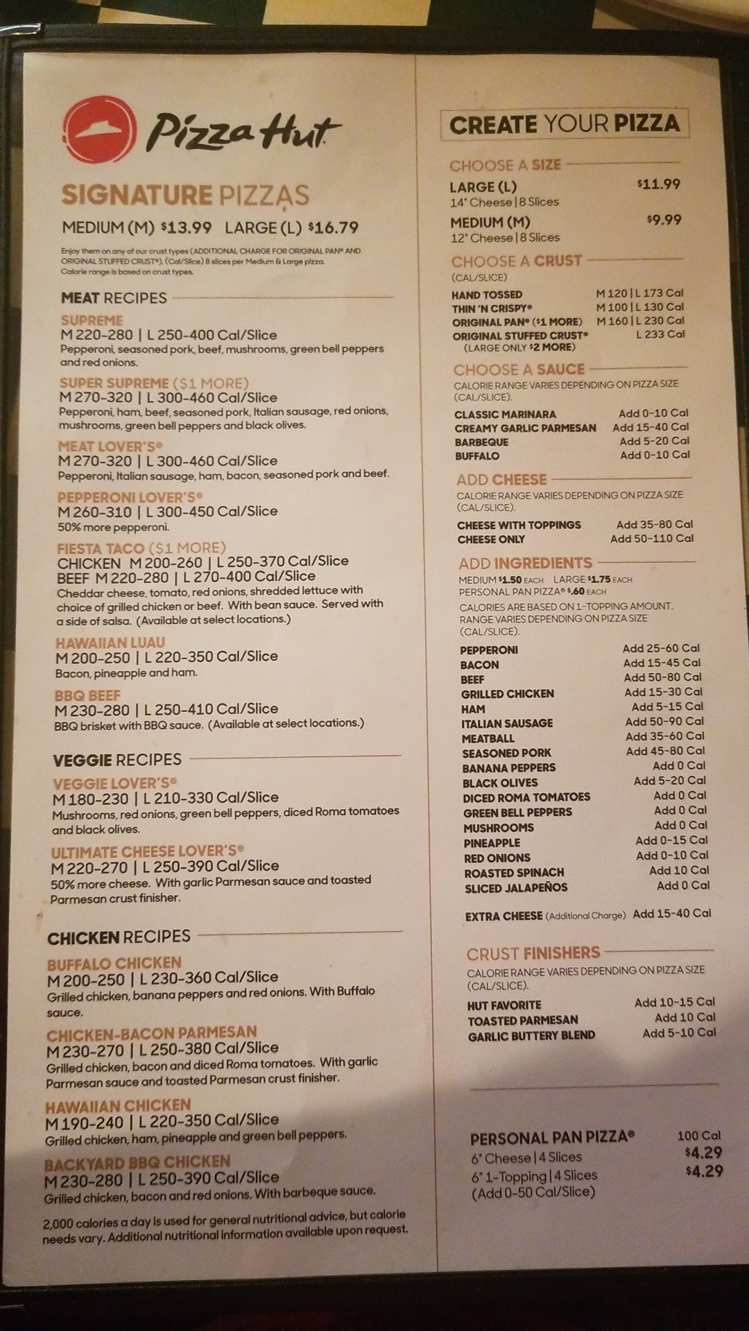 Pizza Hut Menu