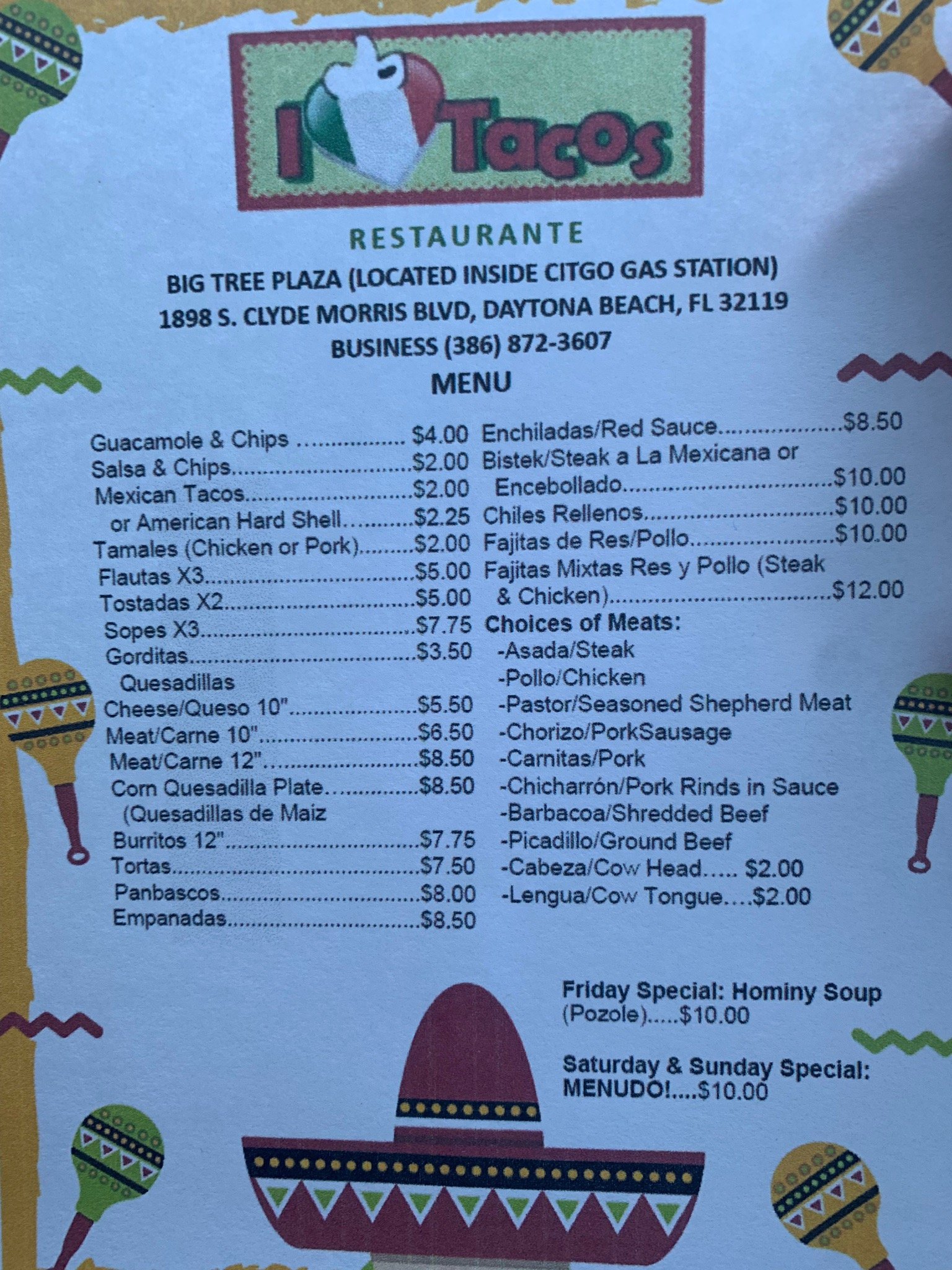 I Love Tacos Mexican Food Menu