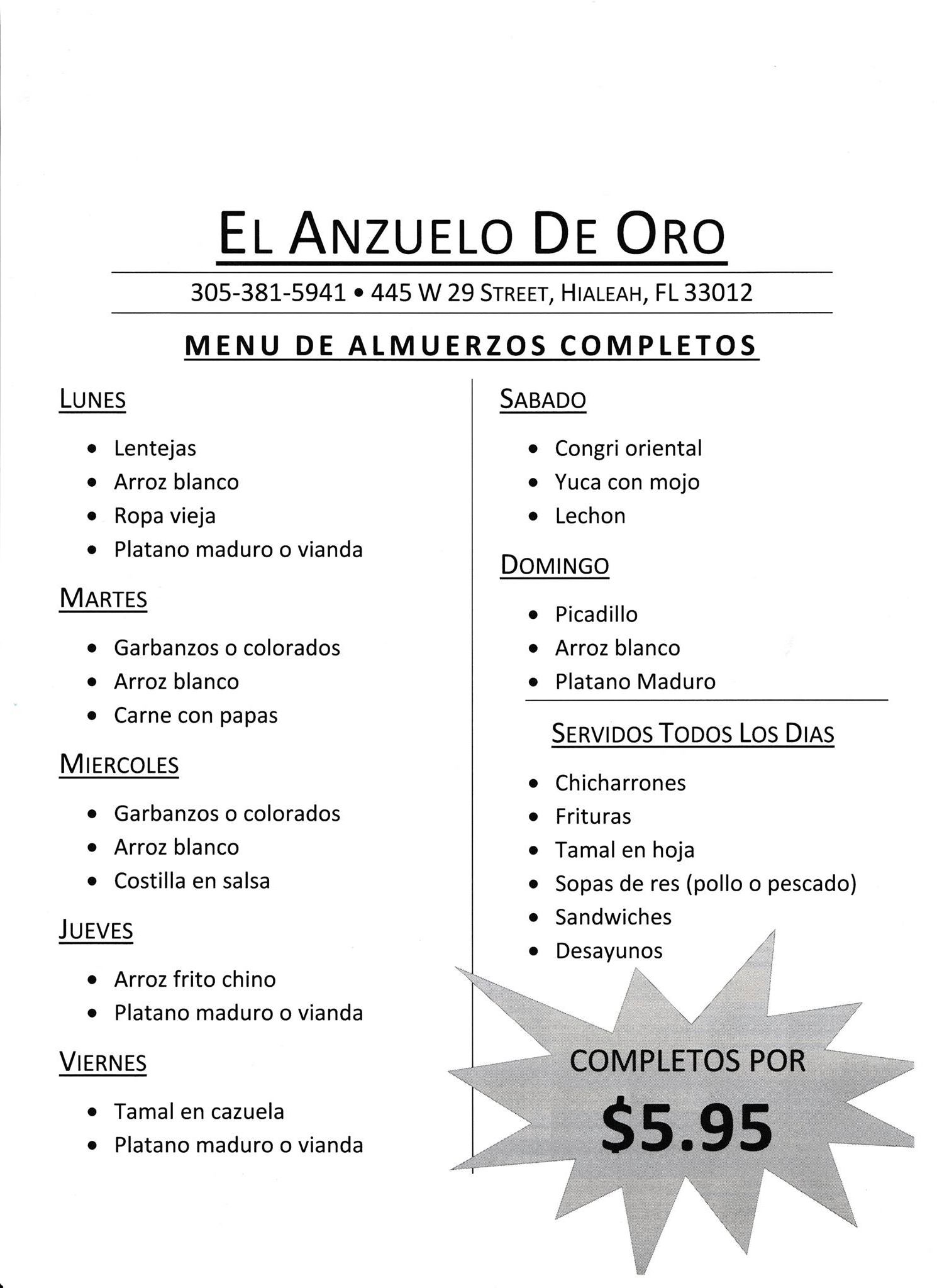 El Anzuelo De Oro (Bakery and Foods) Menu