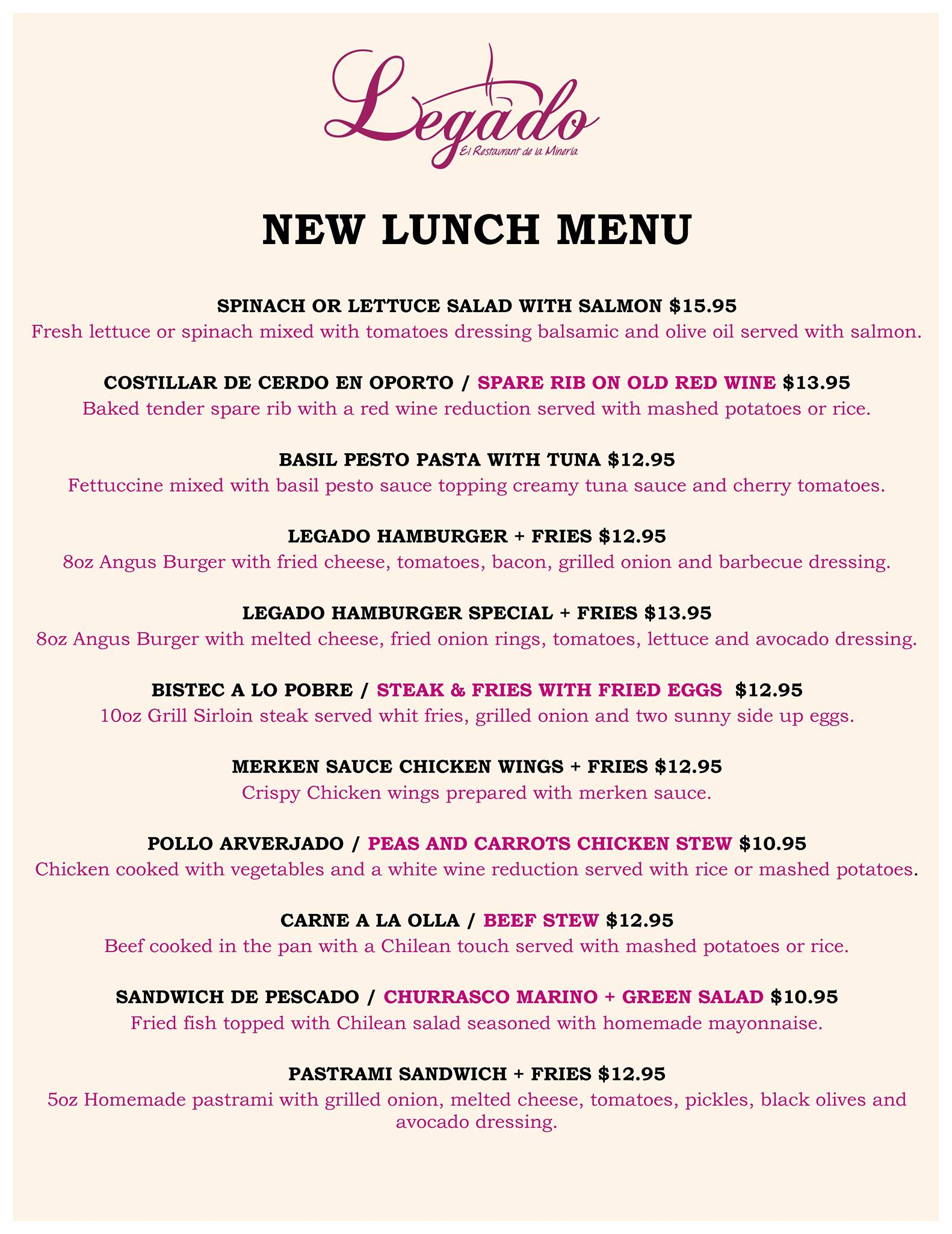 Legado Restaurant Chilean Restaurant Menu