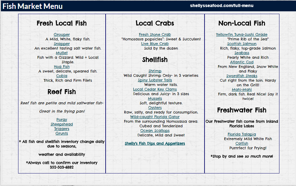 Shelly's Seafood & Fish Market Menu