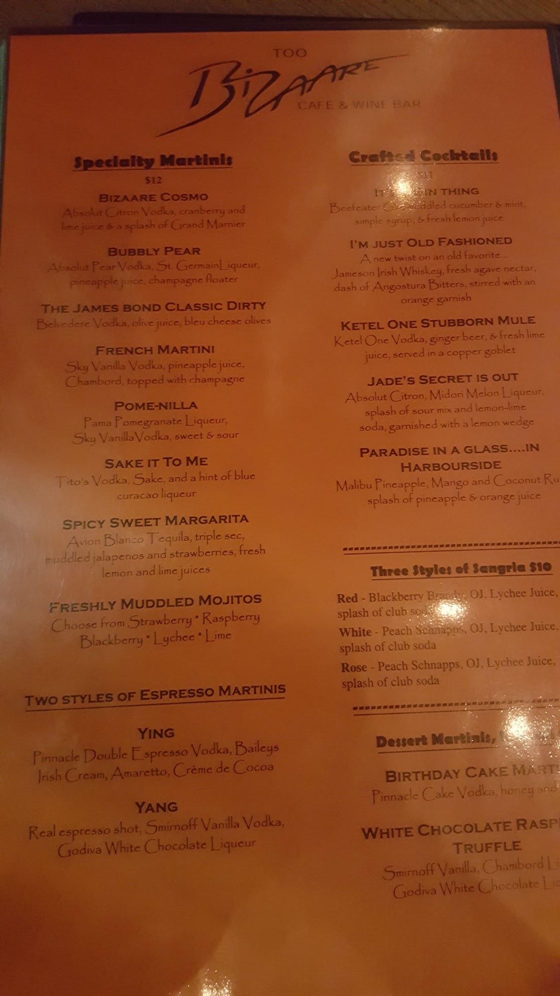 Too Bizaare Menu