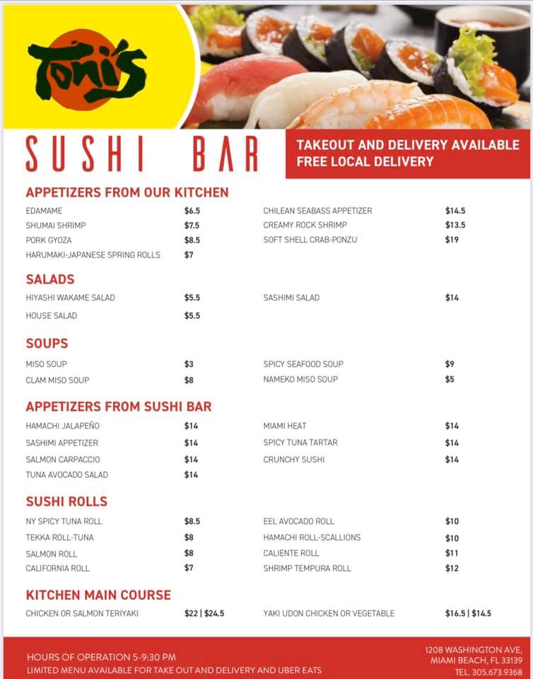 Toni's Sushi Bar 1208 Washington Ave, Miami Beach