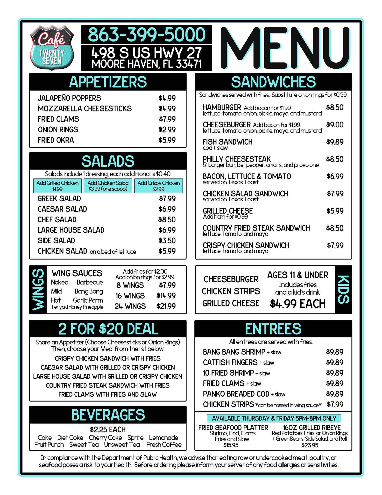 Cafe 27 Menu