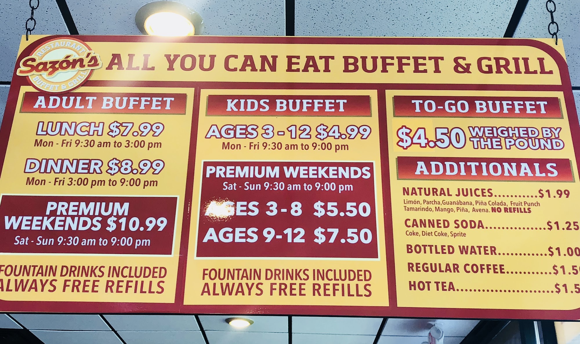 Sazon’s Restaurant Buffet & Grill Menu