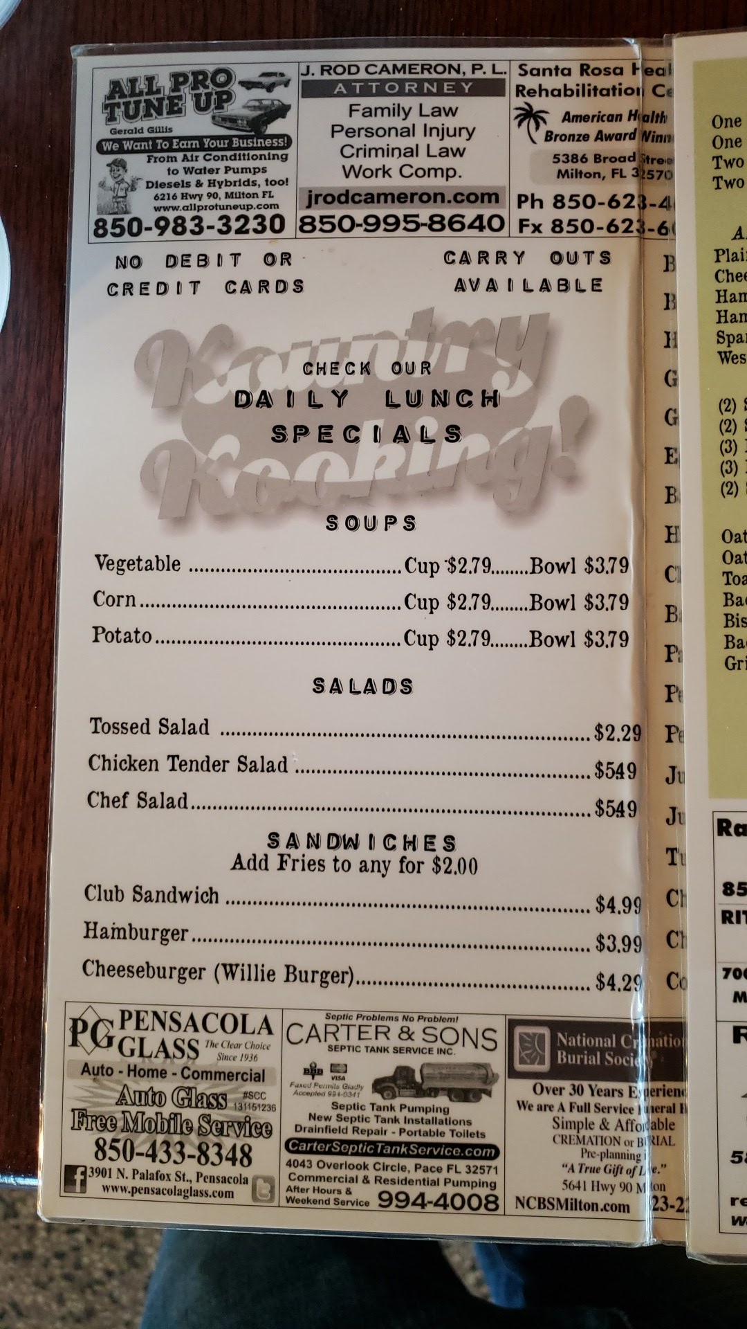Santa Rosa Restaurant Menu