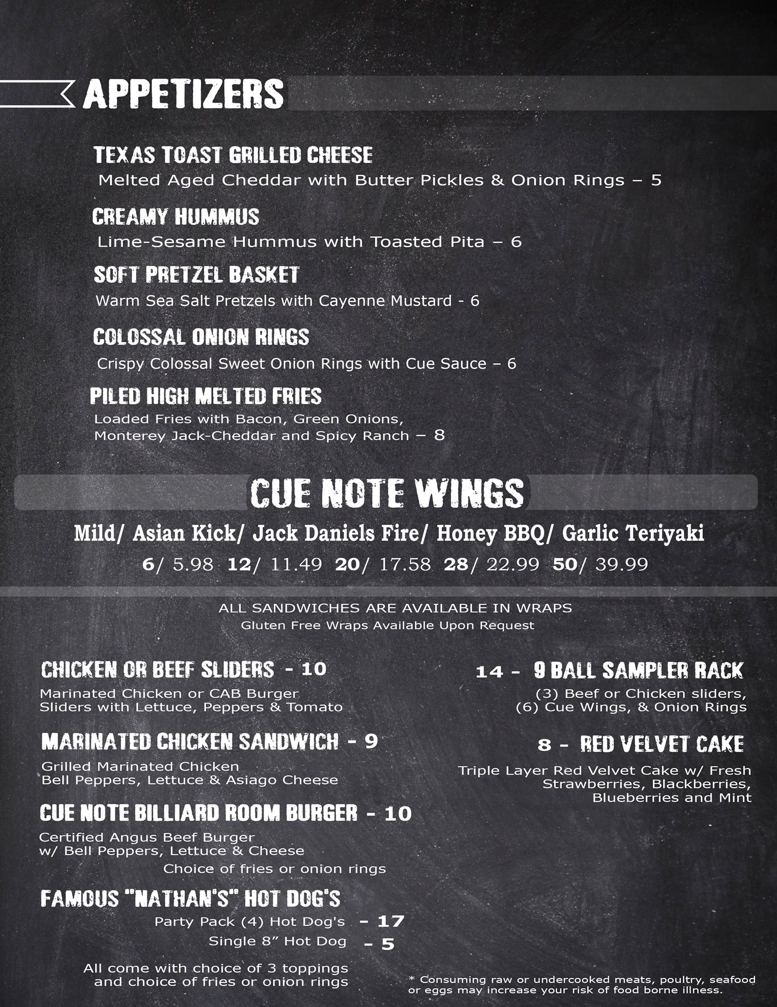 Cue Note Billiard Room Menu