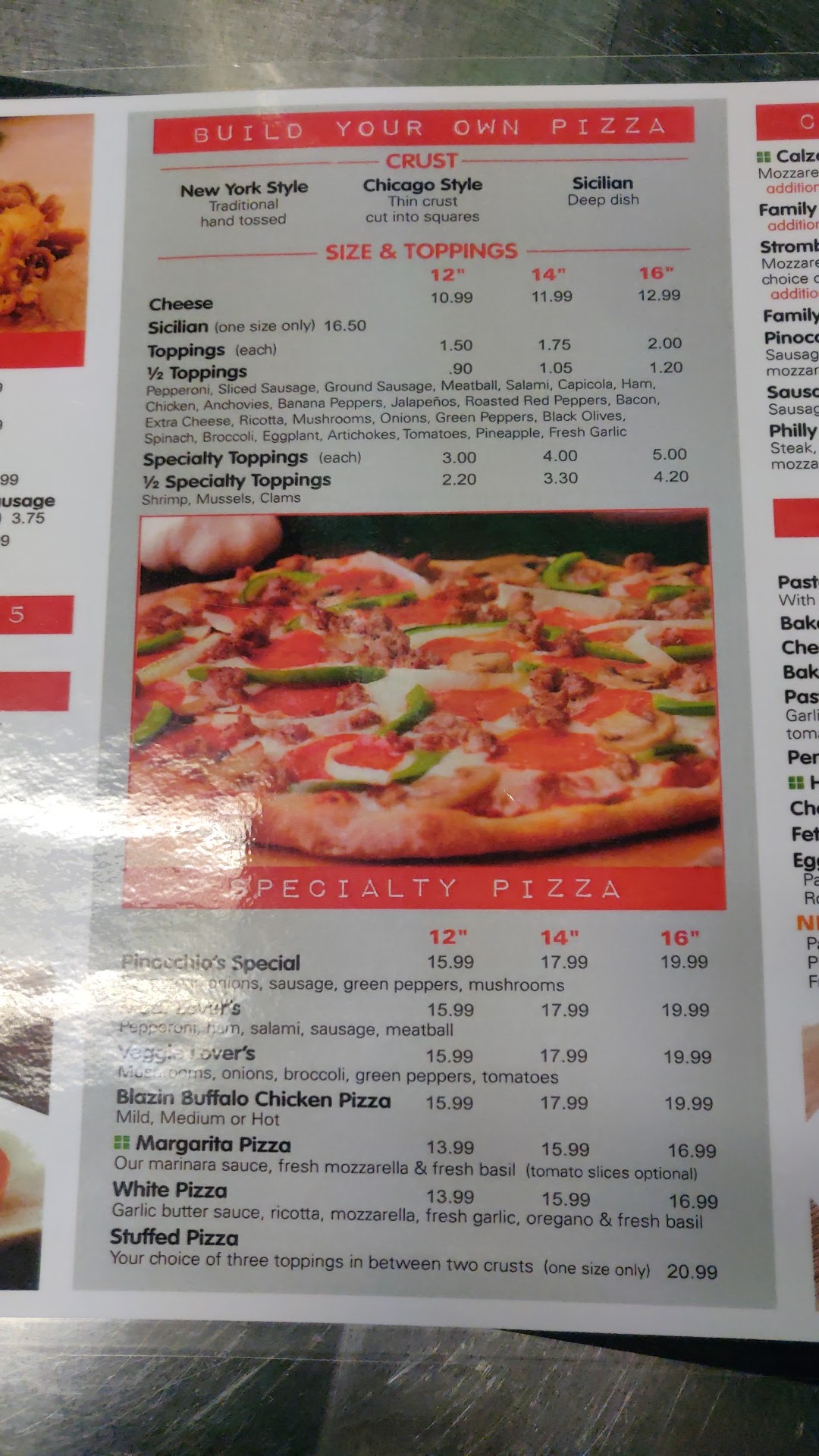 Pinocchio's Pizza Menu