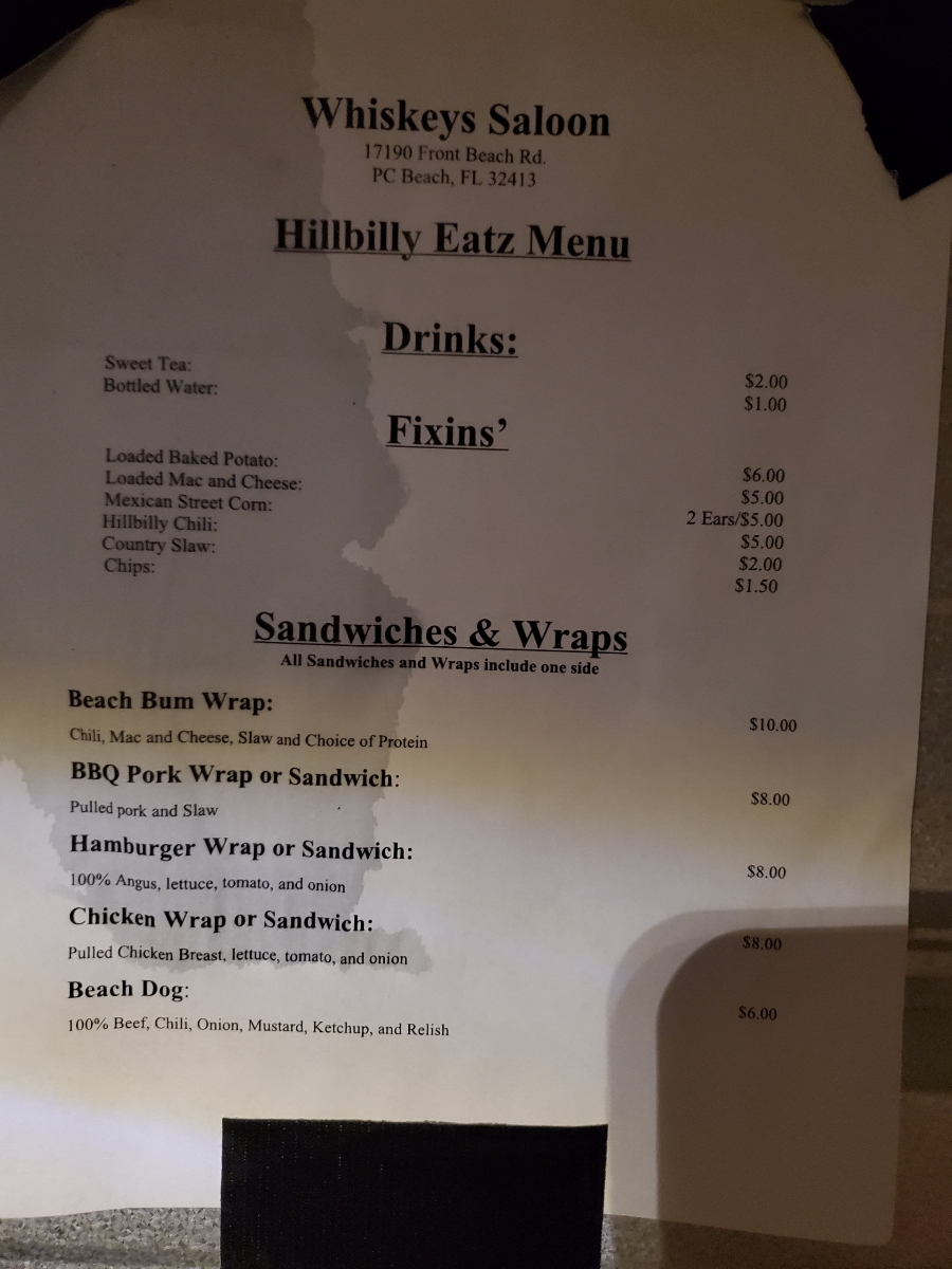 Whiskeys Saloon Menu