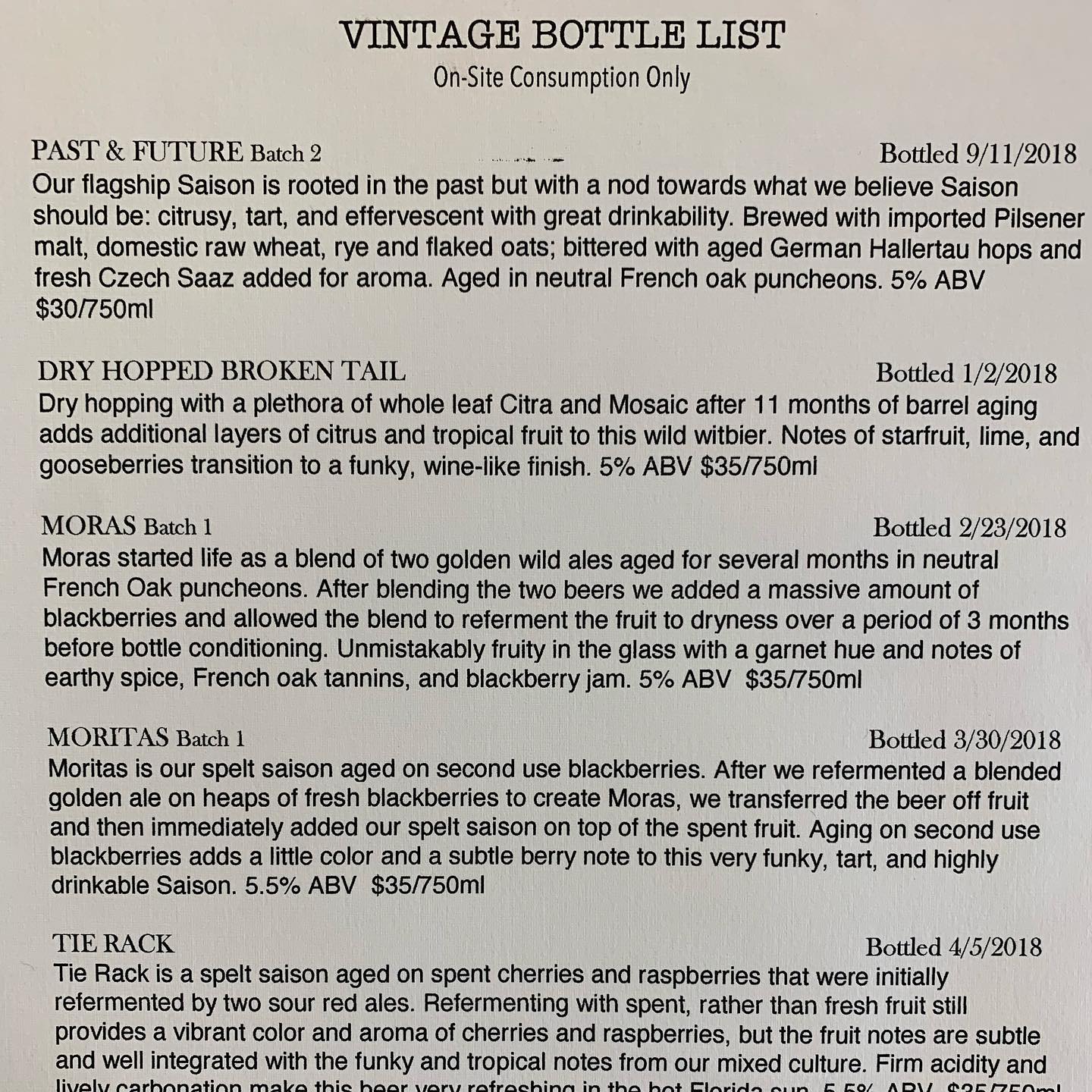 Odd Breed Wild Ales Menu