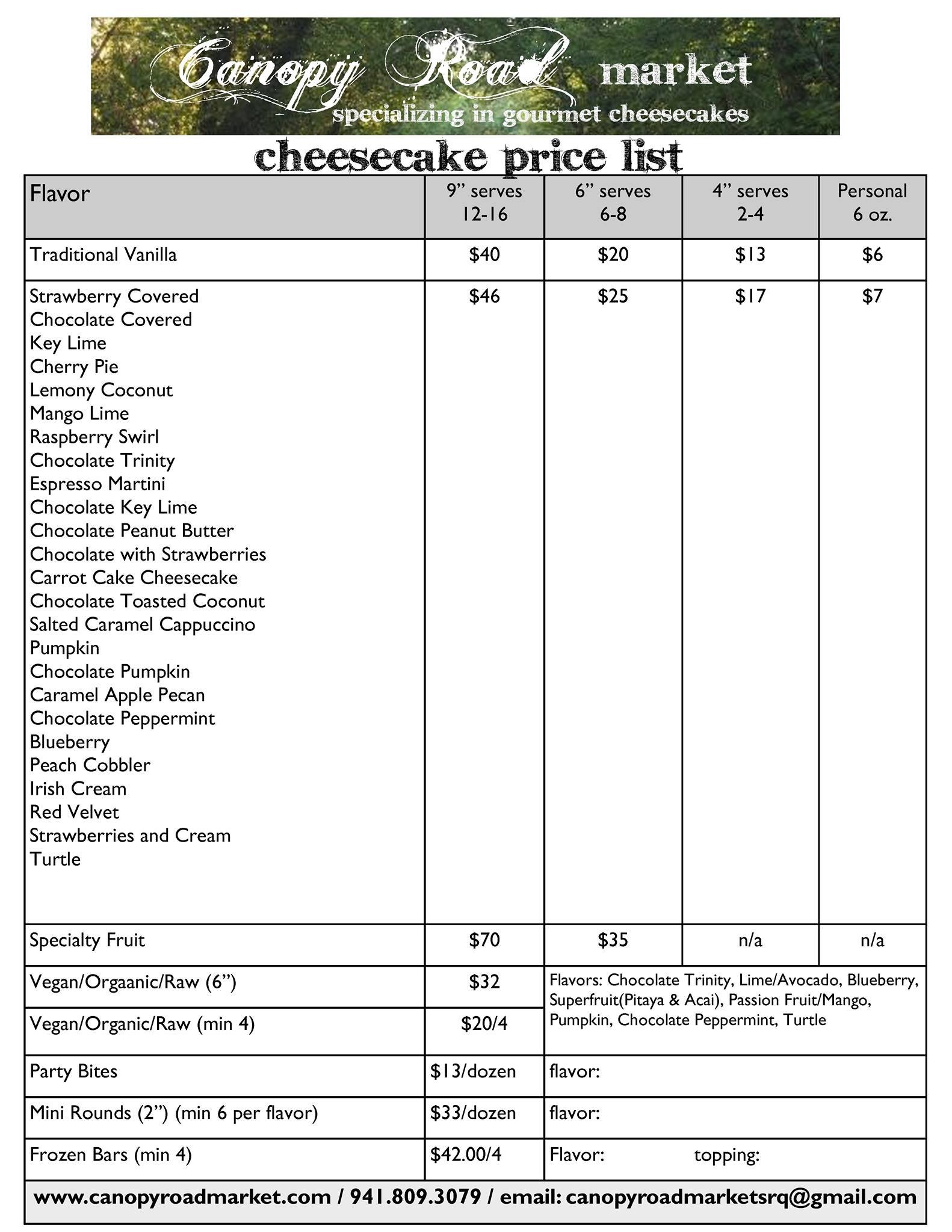 Canopy Road Market Menu